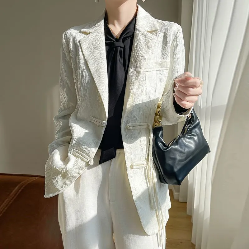 Women Formal Wear Office - Women's White Textured Blazer Jacket Notched
