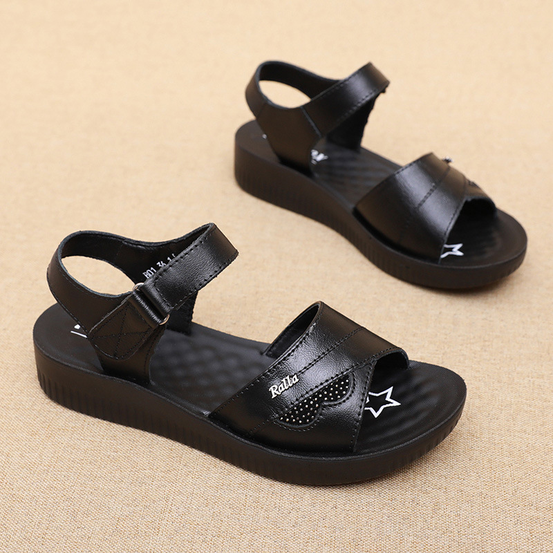 Black Leather T-Strap Peep Toe - Formal Women Daily Wear Sandals 评论和价格