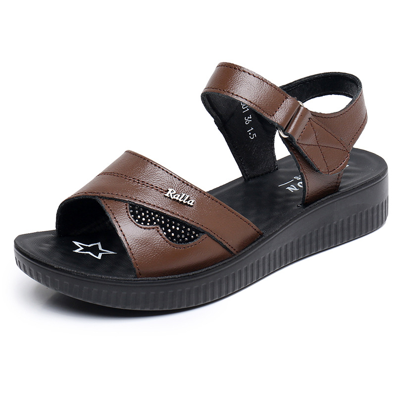 Black Leather T-Strap Peep Toe - Formal Women Daily Wear Sandals 评论和价格