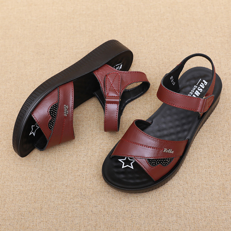 Black Leather T-Strap Peep Toe - Formal Women Daily Wear Sandals 评论和价格