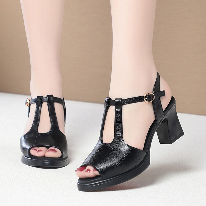 Black Leather T-Strap Peep Toe - Formal Women Daily Wear Sandals 评论和价格
