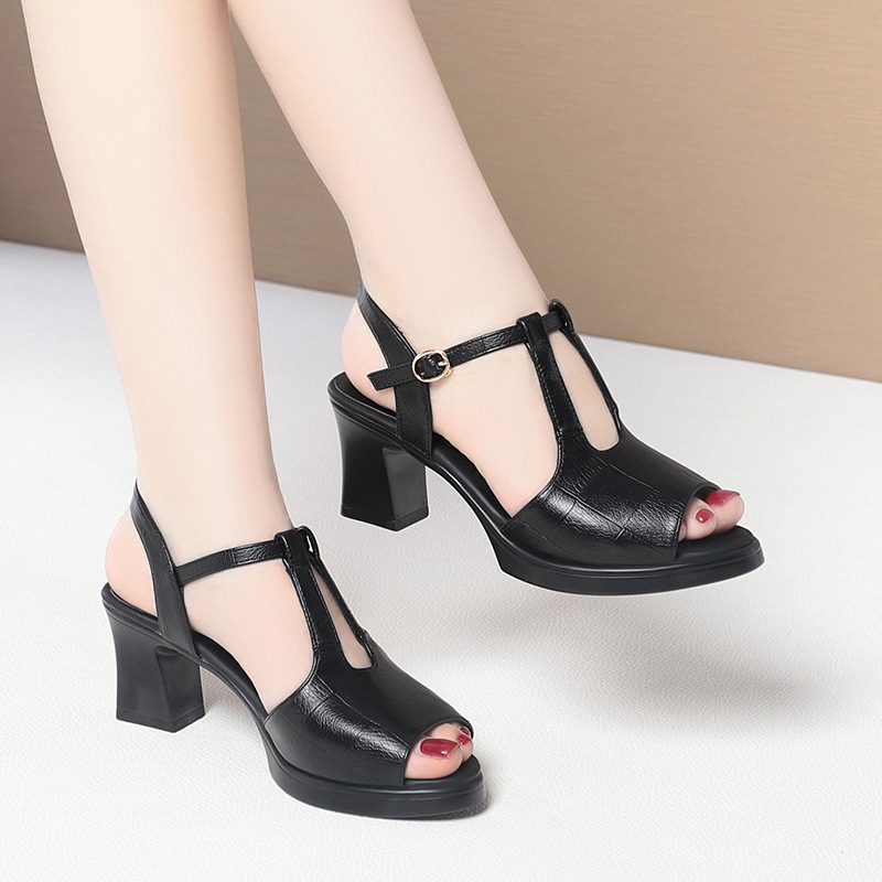 Black Leather T-Strap Peep Toe - Formal Women Daily Wear Sandals 评论和价格
