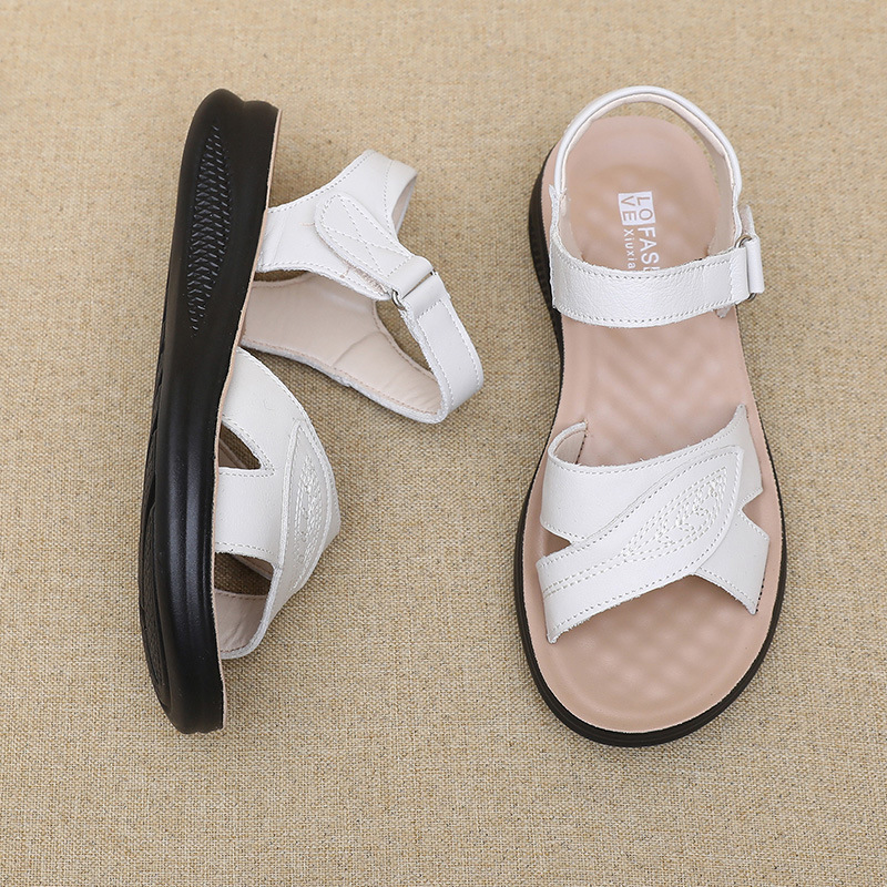 Black Leather T-Strap Peep Toe - Formal Women Daily Wear Sandals 评论和价格