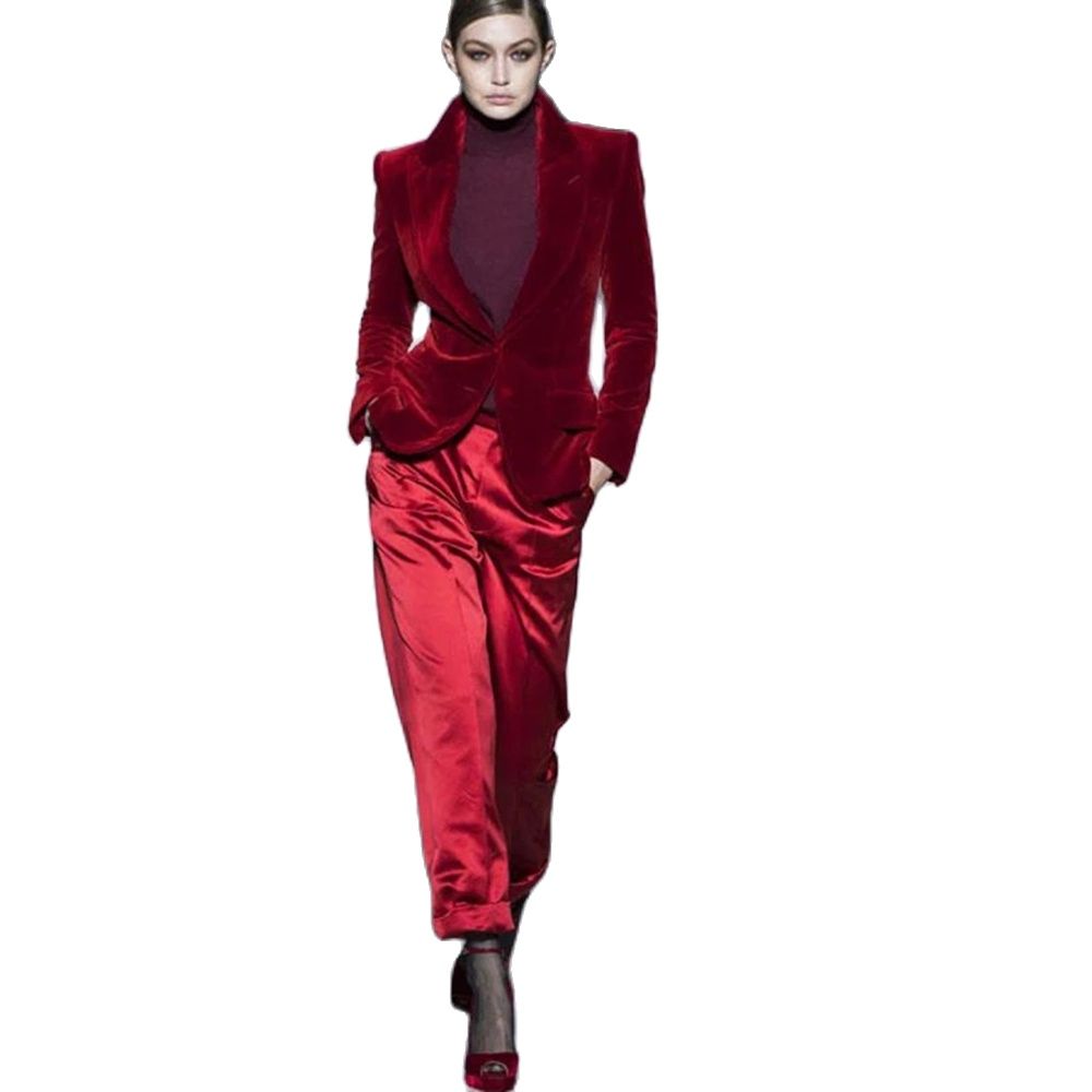 Women Pant Suits Wine Red Velv - Women'S Formal Wear Wedding 评论和价格