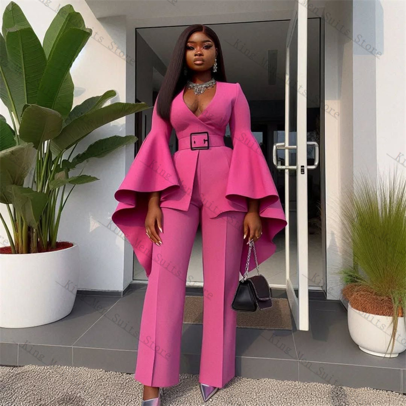 Pink Women Suits Set 2 Piece B - Women Formal Wear Belt 评论和价格